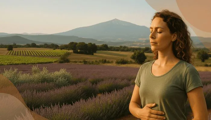 Femme pratiquant la respiration diaphragmatique dans un paysage provençal avec le Mont Ventoux